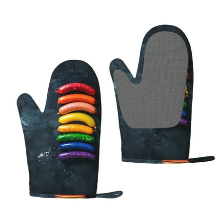 

Lukts Rainbow Sausages On Dark Slate for Silicone Anti-Scalding Gloves Kitchen Lanyard Gloves for Grilling Baking Cooking