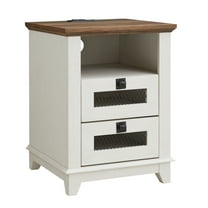 OKD Farmhouse Nightstand with Charging Station and 2 Storage Drawers, End Table Beside Table for Living Room, Antique White