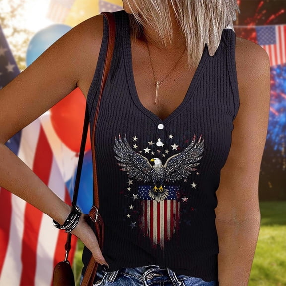 Odbmxy Summer Ladies Tank Tops Fourth of July Eagle Sleeveless Vacation Patriotic V-Neck Loose Casual Women's Tops
