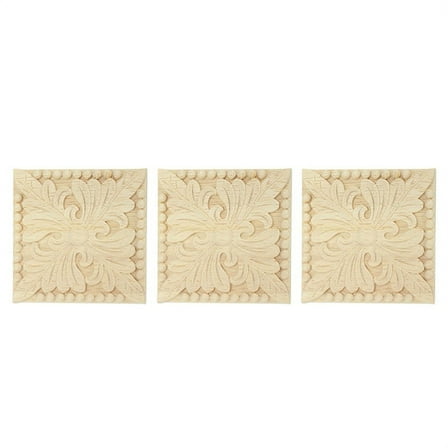 3X Natural Wood Appliques Square Flower Carving Decals Decorative Wooden Mouldings 10X10cm