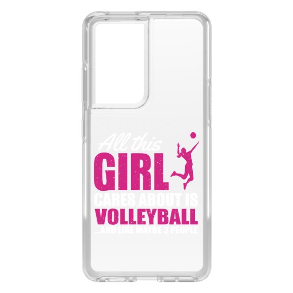 DistinctInk Clear Shockproof Hybrid Case for Galaxy S21 ULTRA 5G (6.8" Screen) - TPU Bumper Acrylic Back Tempered Glass Screen Protector - All This Girl Cares About is Volleyball