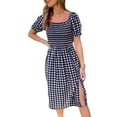 thumbnail image 3 of Qiylii Women Midi Dress, Elegant Short Sleeve Square Neck Plaid Summer Casual Daily Dress, 3 of 9