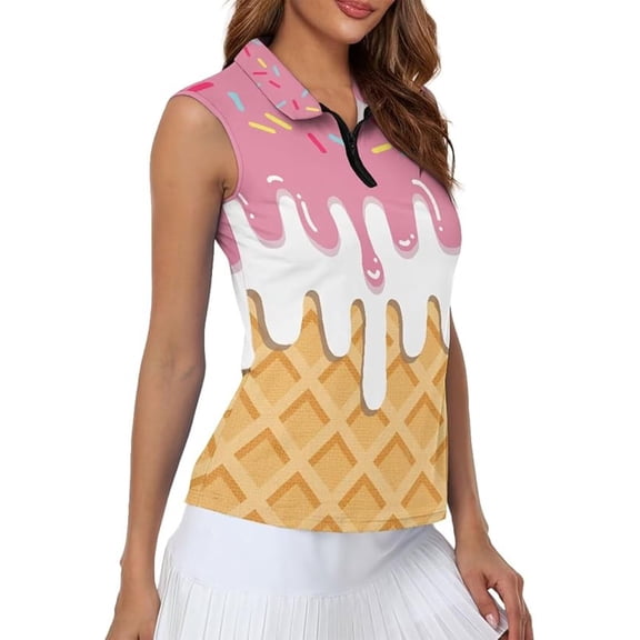 Women Cute Ice Cream Waffle Print Sleeveless Polo Top, Quarter Zip Collar Slim Fit Lightweight Athletic Tank Shirt for Daily Golf Tennis Casual Summer Wear(Pink,L)