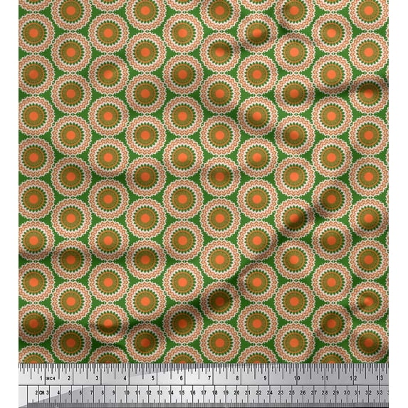 Soimoi Green Japan Crepe Satin Fabric Mandala Geometric Printed Fabric 1 Yard 42 Inch Wide