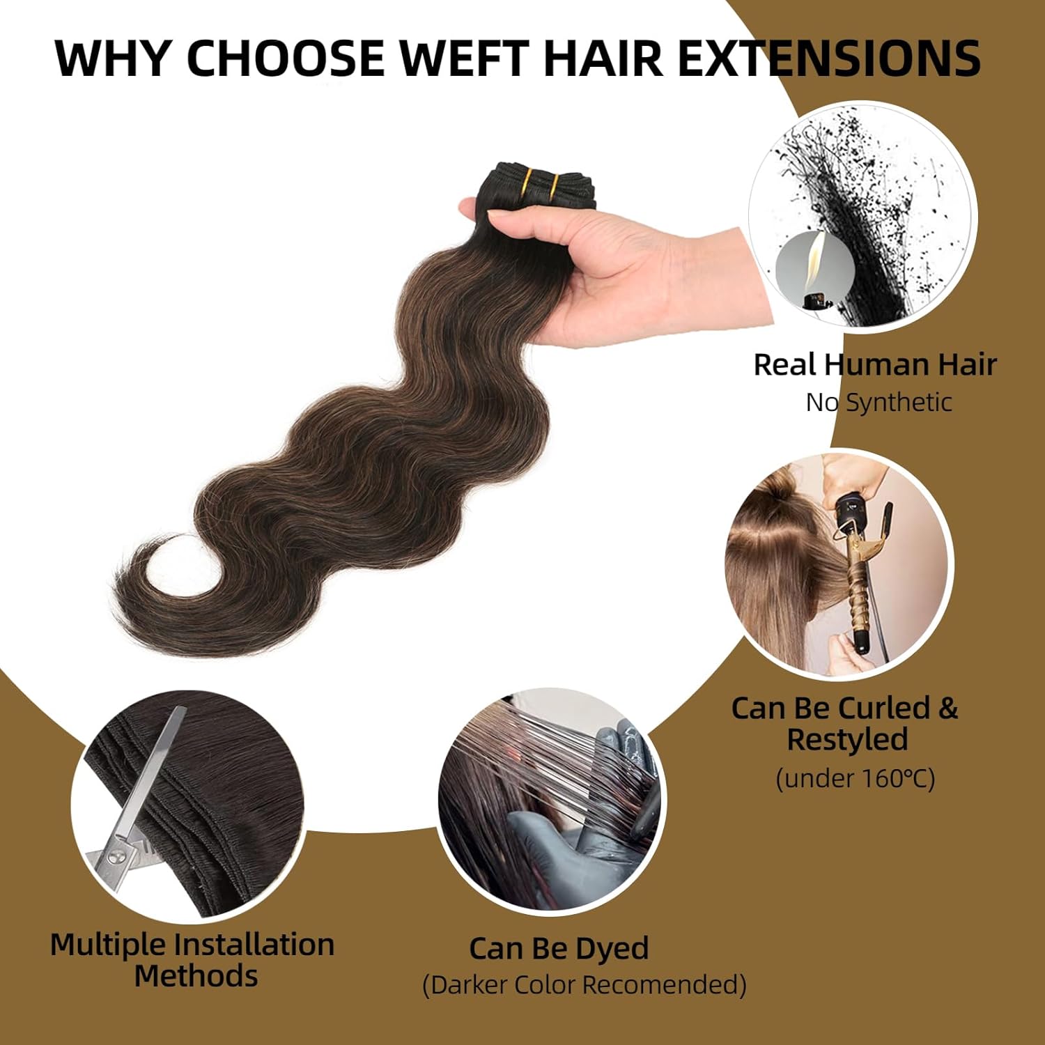 Sew in Hair Extensions Real Human Hair, 110g 20 inch Balayage Natural Black to Chestnut Brown Body Wave Bundles Remy Human Hair Weave Extensions Double Weft
