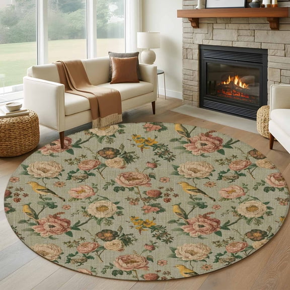 Round Area Rug 7 Ft, Vintage Spring Floral Washable Non-Slip Circle Carpet for Living Room/Bedroom, Farmhouse Flowers Green Vintage Low-Profile Large Runner Mat Collection Rugs for Indoor