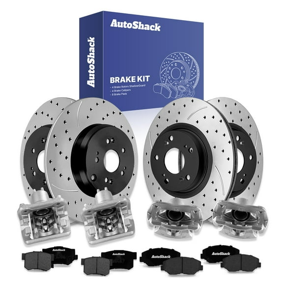 AutoShack Front Vented & Rear Solid Drilled & Slotted E-Coated Brake Rotors   Ceramic Pads   Calipers 16-PC Brake Kit Replacement for 2005-2006 Honda CR-V ShadowGuard
