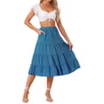 thumbnail image 2 of INSPIRE CHIC Women's Midi Skirts Solid Elastic Waist Flare A-Line Tiered Skirt with Pockets M Lake Blue, 2 of 6