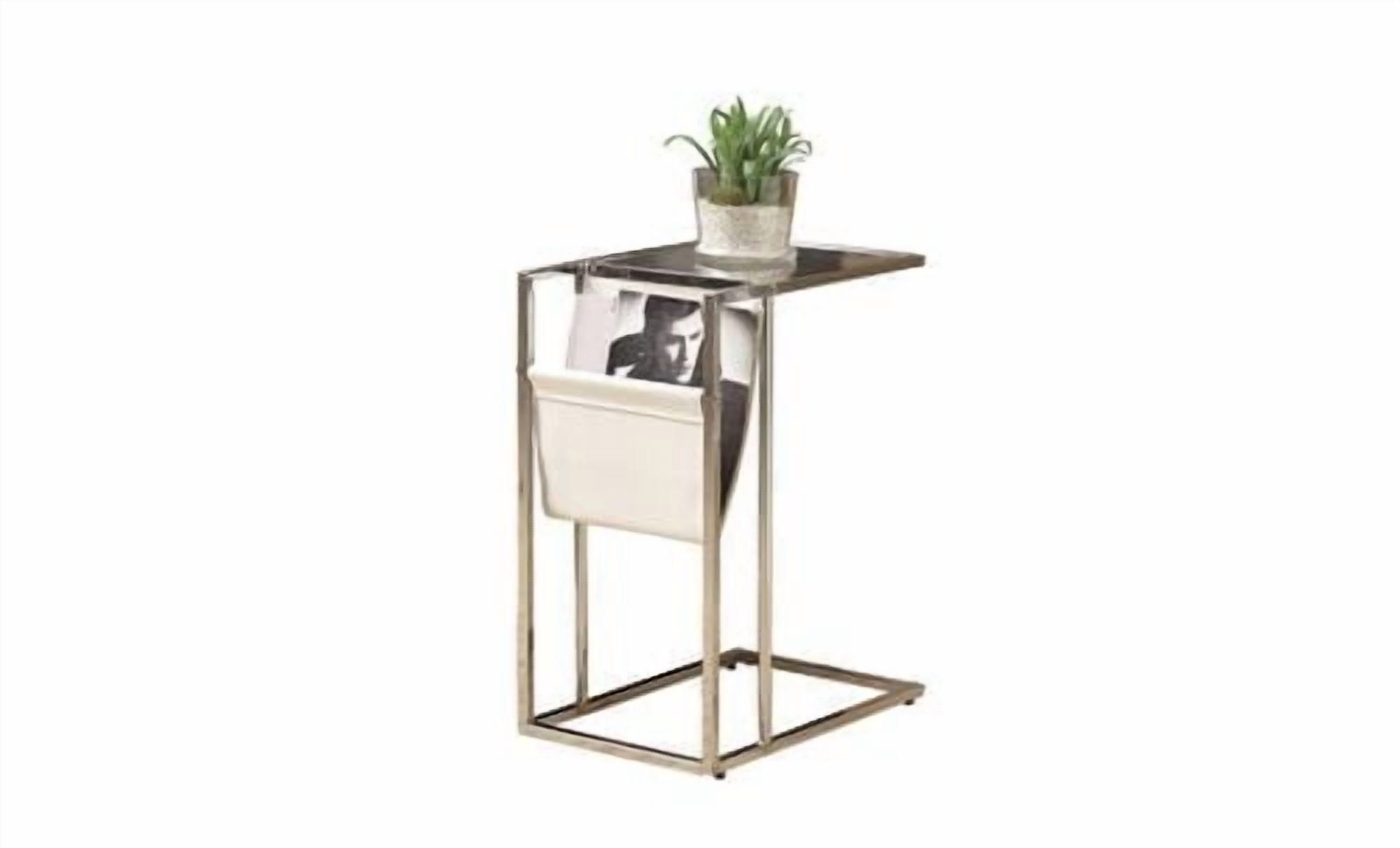 Monarch Specialties Table D'appoint, En Forme De C, Bout, Côté, Collation, Stockage Du Magazine, Salon, Chambre À Coucher, Métal, Pu D'aspect Cuir, Verre Trempé, Chrome, Dégager, Contemporain, Moderne