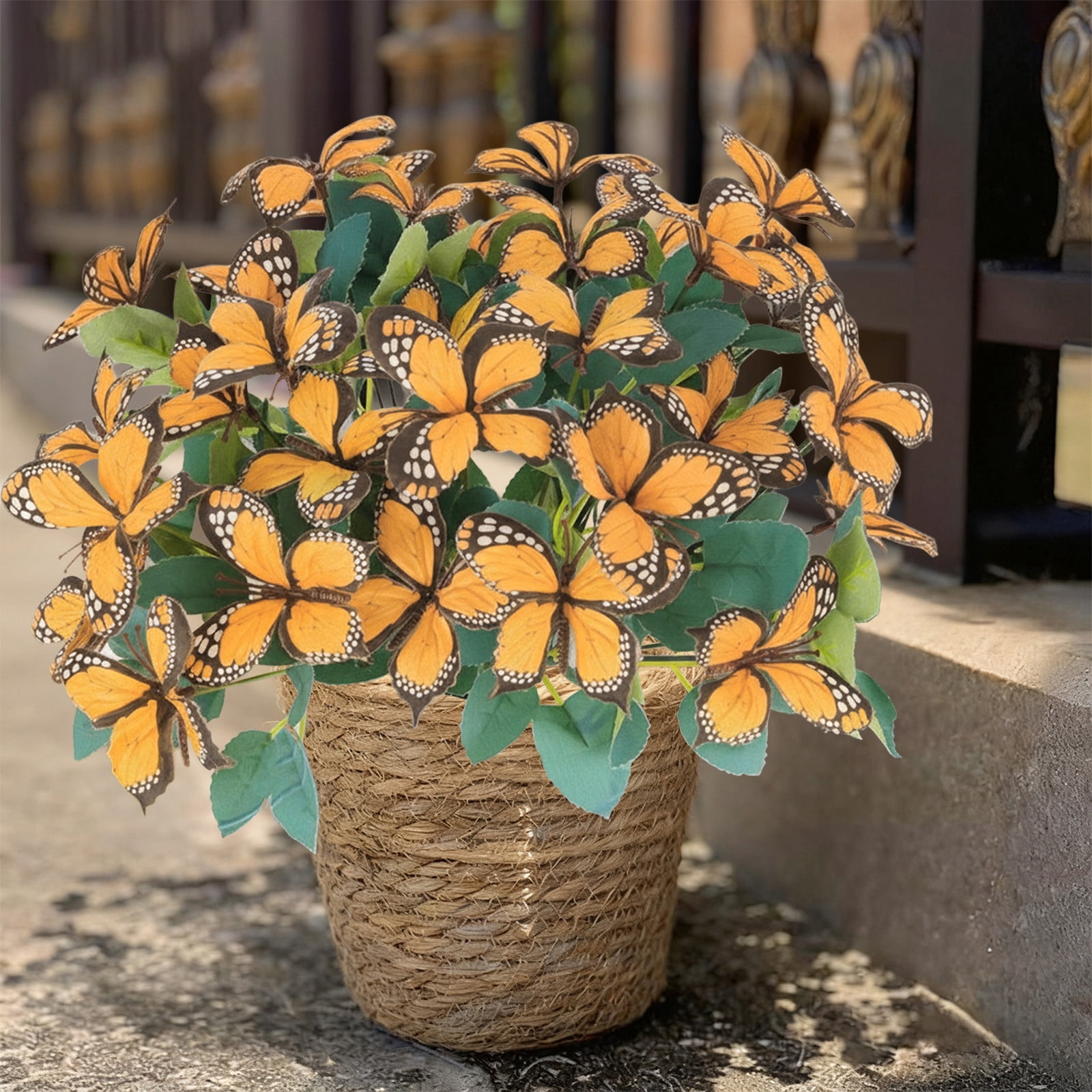 Eoozwa Waterproof Outdoor Artificial Flowers, 7‑Head Colorful Butterfly Orchid Faux Bouquet, Realistic Plastic Fake Flowers for Garden Patio Balcony Holiday Decor