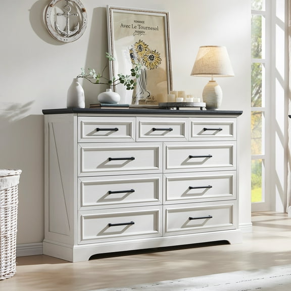 ACCOHOHO Farmhouse 9 Drawers Dresser, Rustic Wood Dresser Chest of Drawers for Bedroom,TV Stand with Large Drawers for Living Room,White