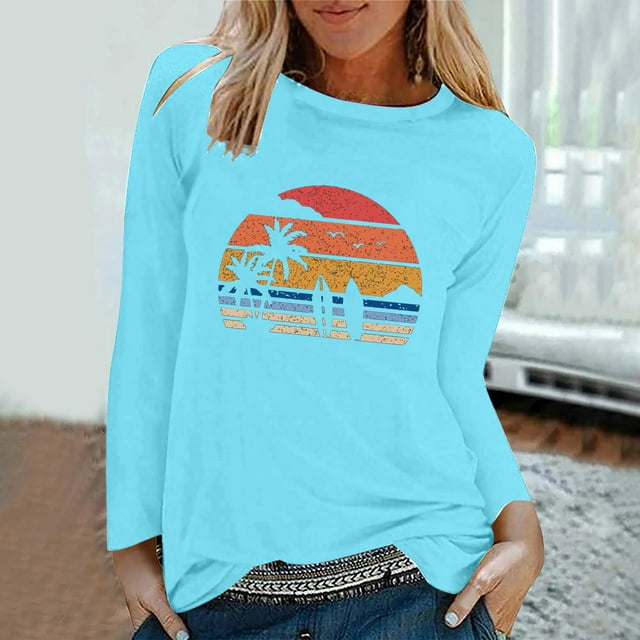 EQWLJWE Chemises à Manches Longues pour Femmes Lot Mode T-Shirt Décontracté à Manches Longues Imprimé de Printemps pour Femmes Col Rond Hauts Vêtements d'Automne pour Femmes