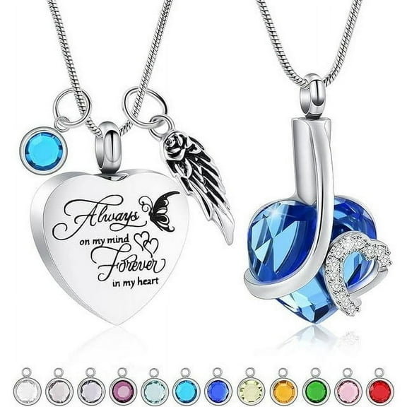 2 Pack Heart Urn Necklace for Ashes with 12 Birthstones Cremation Jewelry for Ashes Birthstones Memorial Cremation Necklace for Ashes