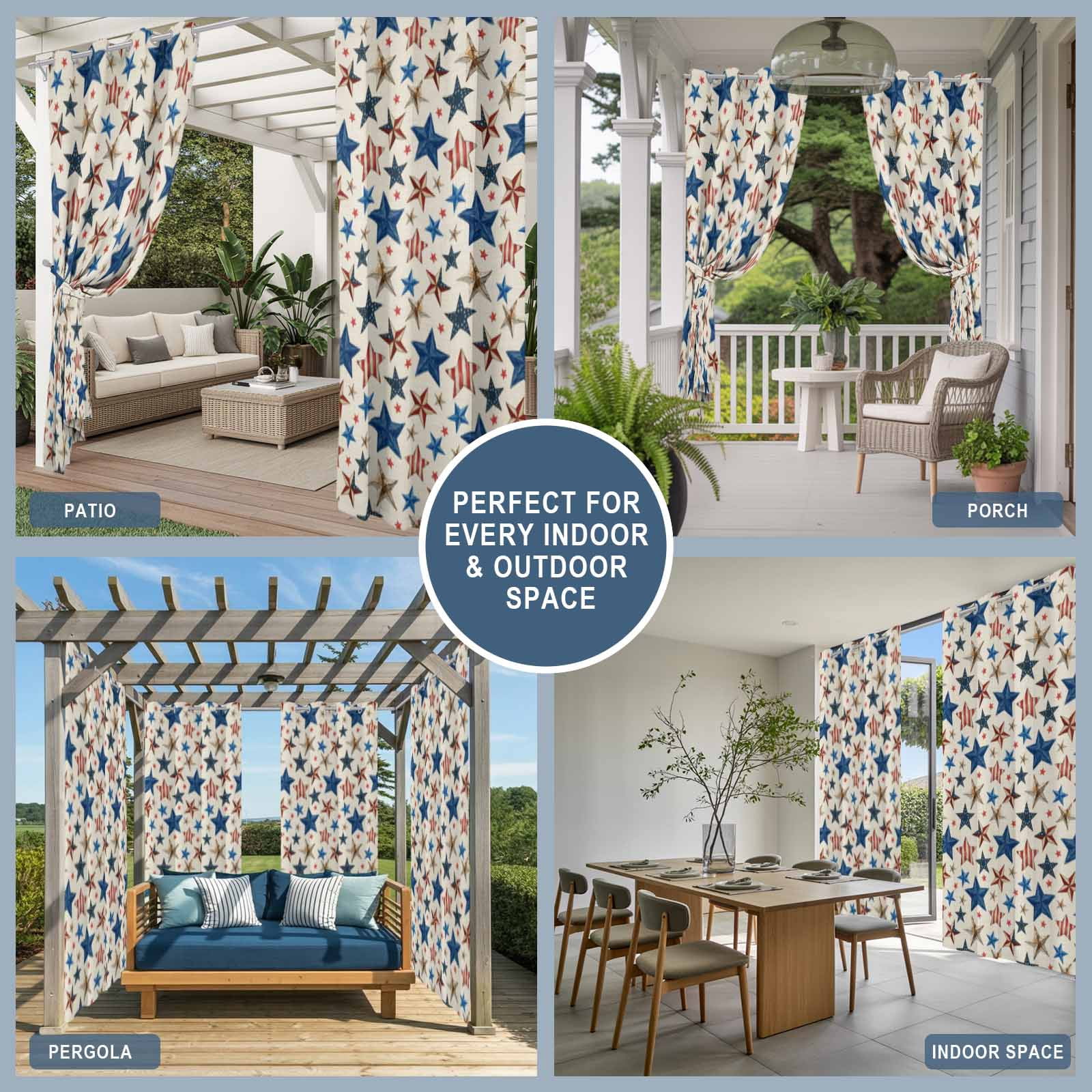4th of July Outdoor Curtains for Patio, Mottled Usa Flag Striped Stars Memorial Day Linen Sunshade Privacy Drapes Grommet Waterproof Outside Curtains for Porch/Cabana/Balcony 54"x 108", 1 Panel