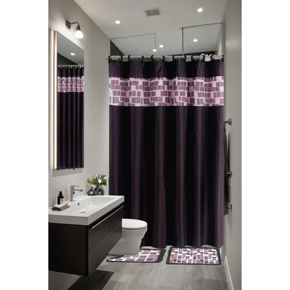Gorgeous Home Linen 15pc Square Design Mosaic Black Bathroom Set Banded Rubber Backing 2 Rug Bath Mats With Fabric Shower Curtain with Hooks