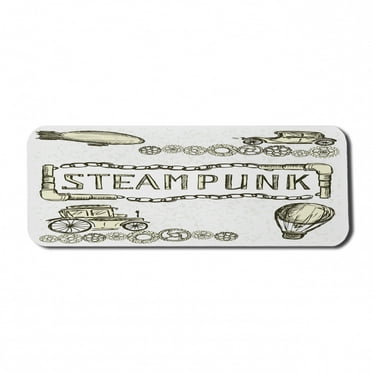 Sketchy Computer Mouse Pad, Balloon Antique Cars Design with Words in Middle Saying Steampunk, Rectangle Non-Slip Rubber Mousepad Large, 31" x 12" Gaming Size, Ivory Dark Olive Green, by Ambesonne