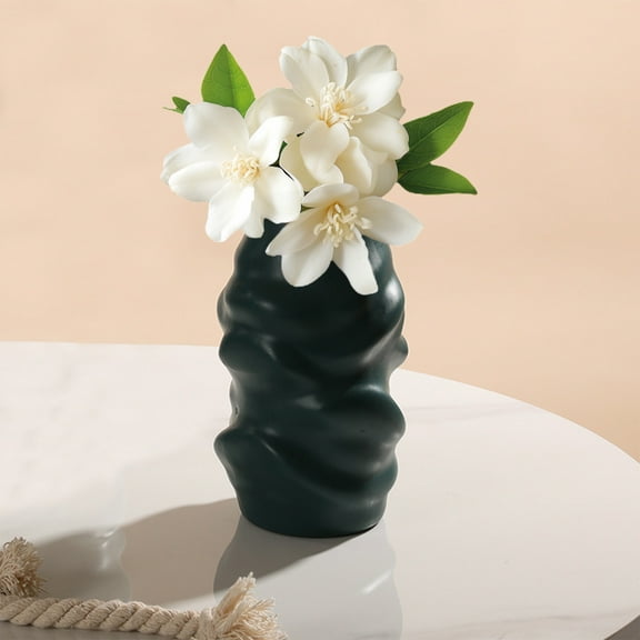 Luxcidy Imitation Porcelain Plastic Floor Vase Decorative,8.1" Flower Vase Modern Decorative Large Vase with Ripple Shape Design Minimalist Style for Living Room Home Decor (Black)