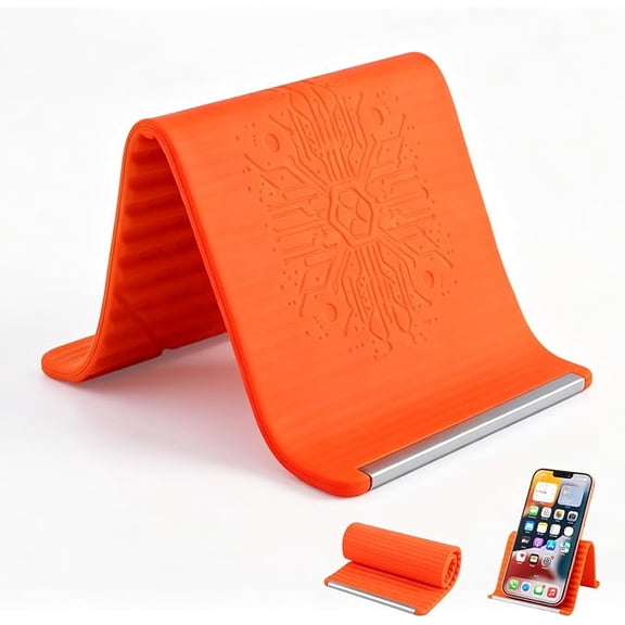 Portable Foldable Silicone Aluminum Phone Holder, Adjustable Phone Stand for Smartphone Tablet Laptop, Non-Slip Desk Travel Bed Office Treadmill Stand (Orange)