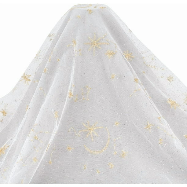 Tela de encaje blanco de 1 yarda con hermoso bordado de estrellas y lunas. Tela de tul de malla de 59 pulgadas de ancho. Gasa de poliéster bordada para velo.