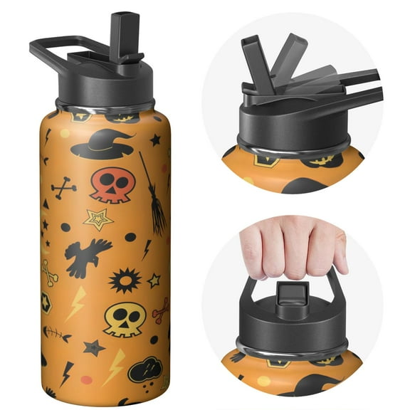 Halloween 32oz Insulated Coffee Cup with Handle and Straw – Stainless Steel Tumbler for Hot and Cold Drinks – Cute Ghost Witch Design – Gift for Fall Party or Travel