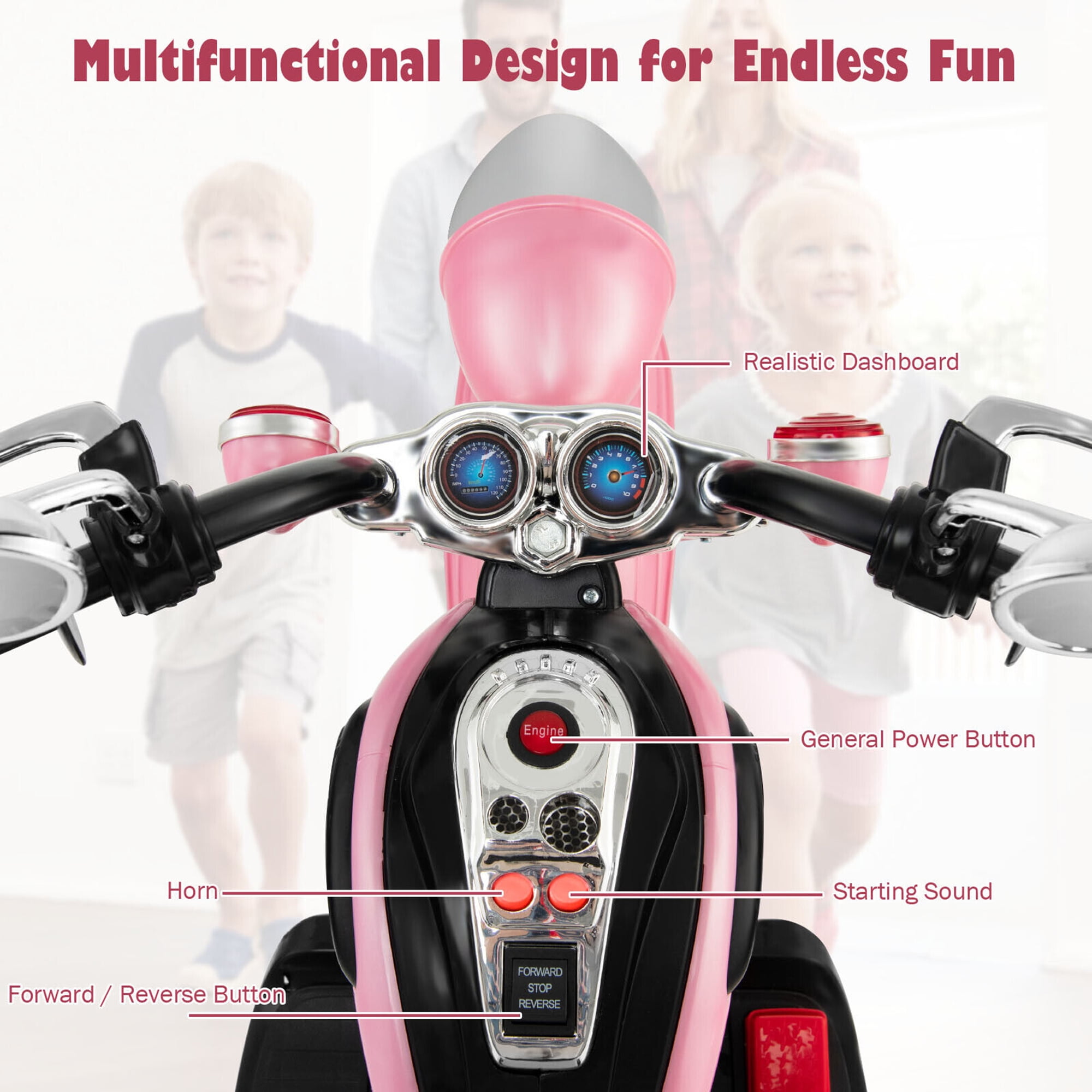 Gymax 6V Kids Ride On Chopper Motorcycle 3 Wheel Trike with Headlight Pink