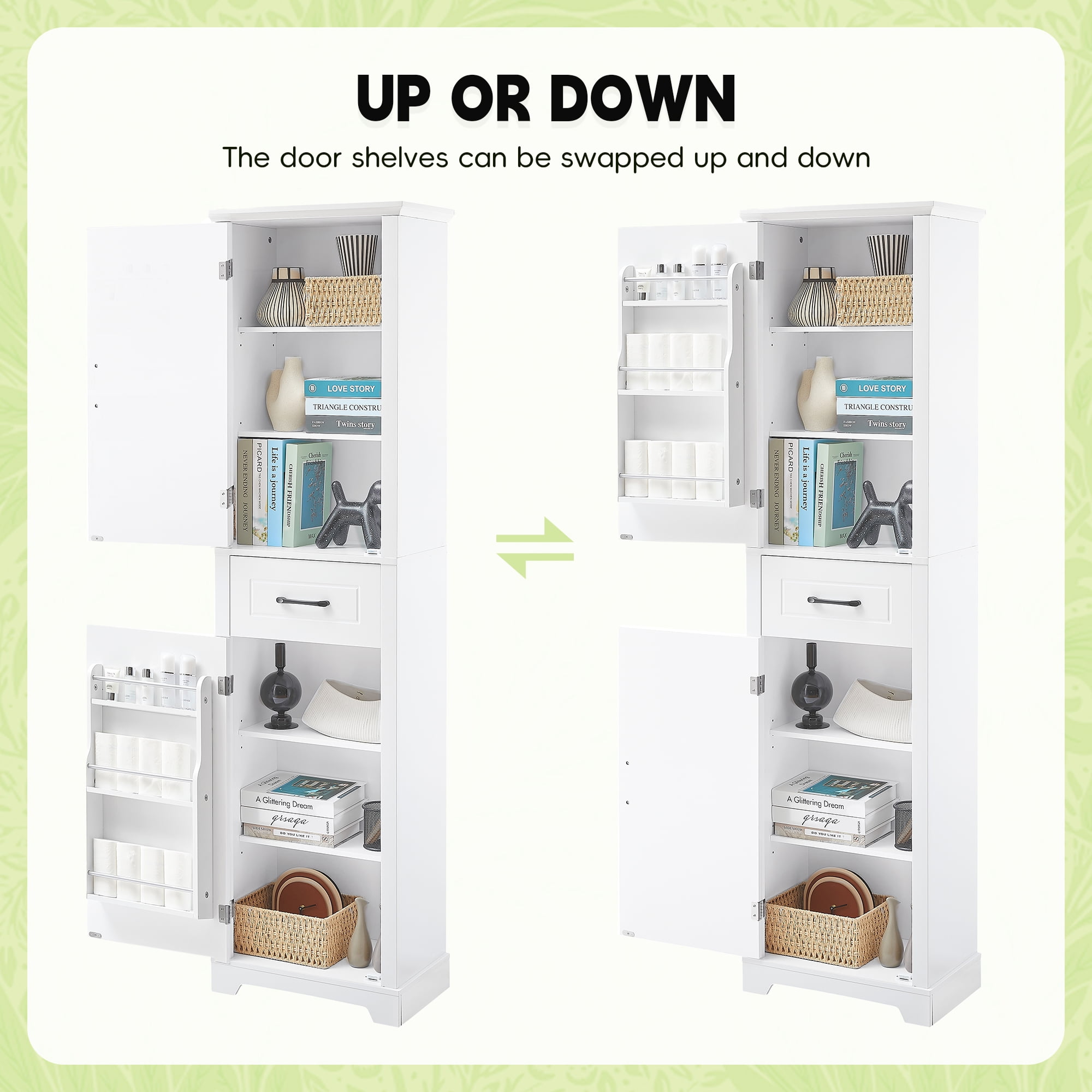 YIYADO Bathroom waterproof storage cabinet, floor-standing storage cabinet with adjustable shelves, freestanding bathroom storage rack, white