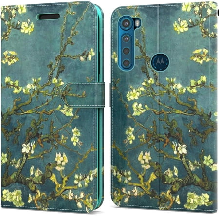 CoverON Motorola Moto One Fusion Plus Wallet Case, RFID Blocking Vegan Leather 6x Card Slot Holder Cover Flip Folio Phone Pouch, Almond Blossom Art