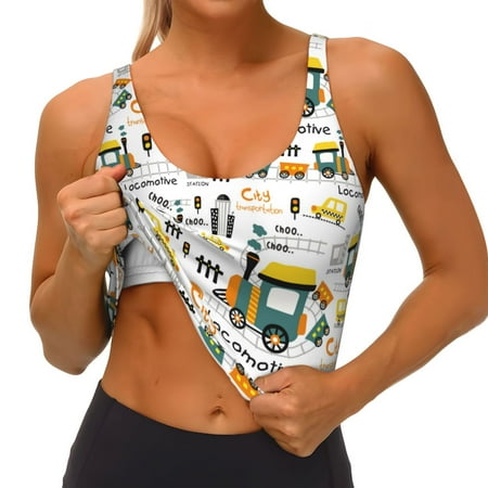 Qokaie Transportation Cartoon Pattern Womens Scoop Neck Sports Bra Breathable Workout Vest Padded U Back Medium Impact Fitness Gym Yoga Bra Workout Crop Top