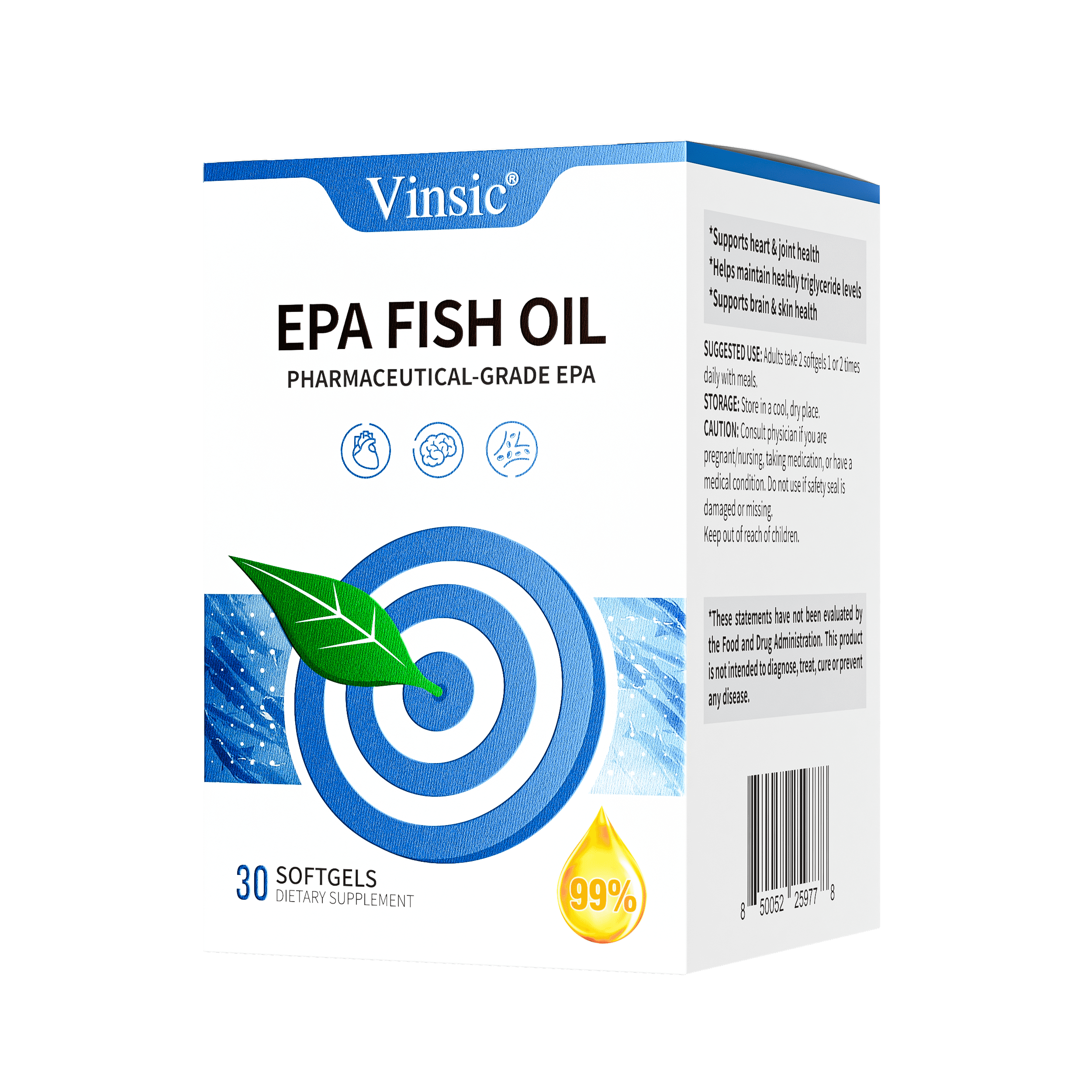 Vinsic Ultra-Concentrated High-Purity EPA≥99% Purity Fish Oil - 30 Softgels, 2000mg+ per Serving, KD Pharma Patented Extraction Process, Pure Marine Source, IFOS & GMP Certified, Switzerland Made