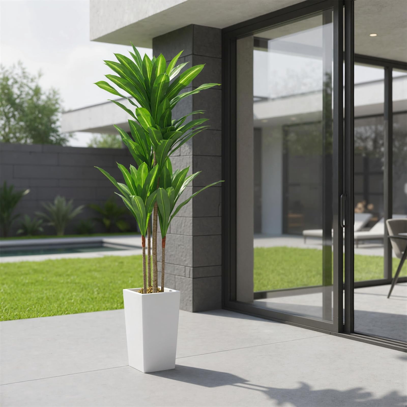 Accreate Faux Banana Tree Artificial Plant, Fake Potted Tropical Evergreen with Tall White Planter for Living Room, Entryway, Porch, or Office