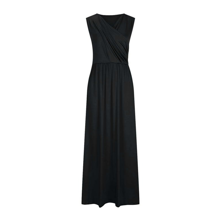 Uppada Womens 2026 Formal Evening Gowns Maxi Dress Cocktail Party V Neck Sleeveless Wedding Guest Long Elegant Dress Pleated Loose Dresses Black,M,