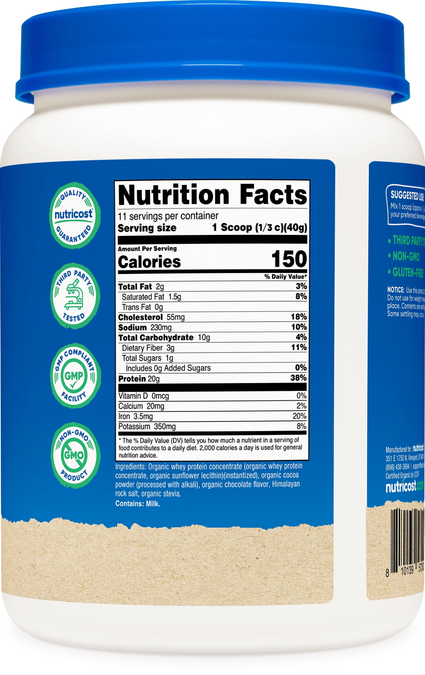 Nutricost Organic Whey Protein Concentrate, Double Chocolate Flavored, (1LB) - Gluten-Free, Non-GMO