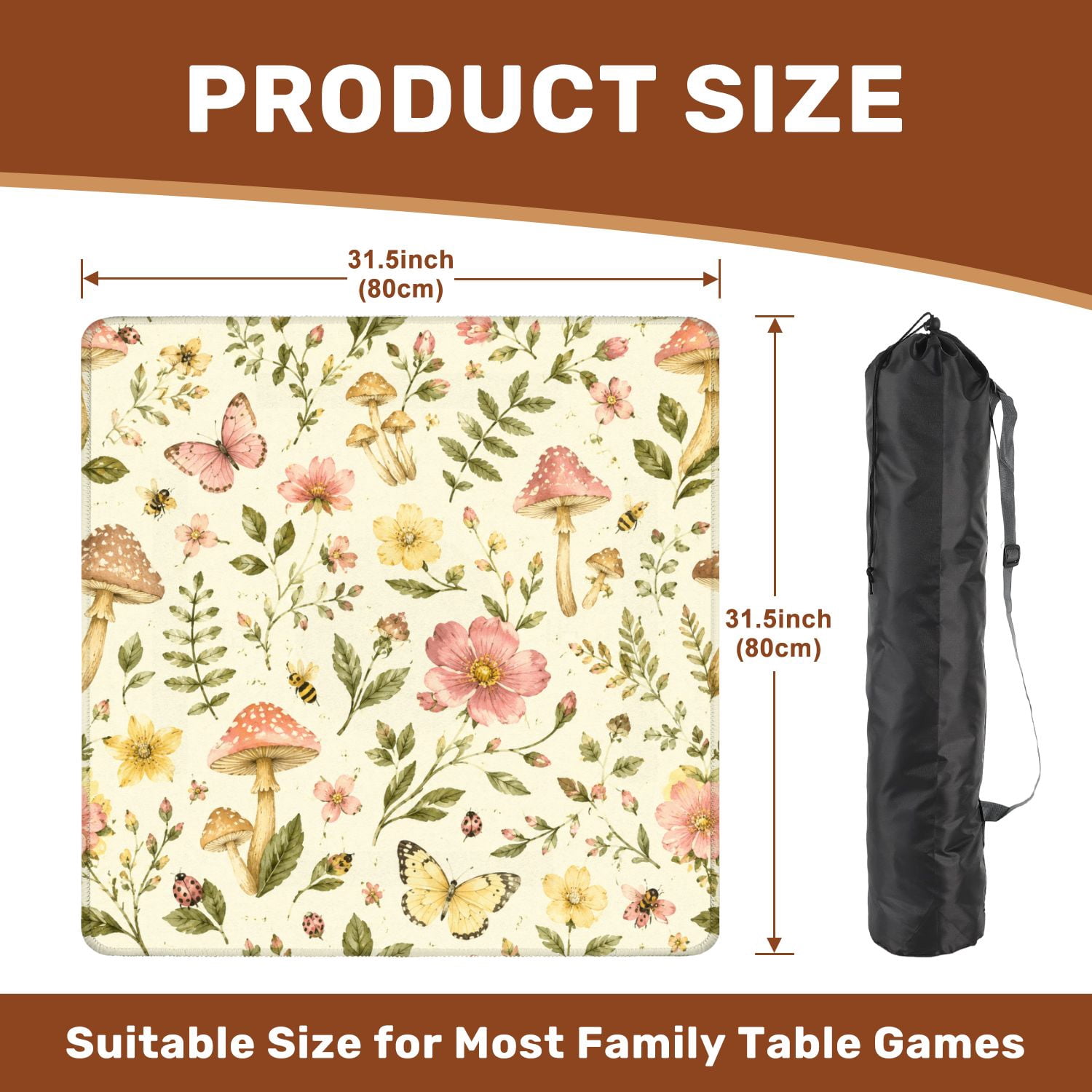 Mahjong Mat 31.5" x 31.5" Vintage Wildflower Mushroom Seamless Butterflies Bees Soft Pastel Non-Slip Noise Reduction American Mahjong Tiles Table Cover for Dominoes Poker Card Board Games Gift