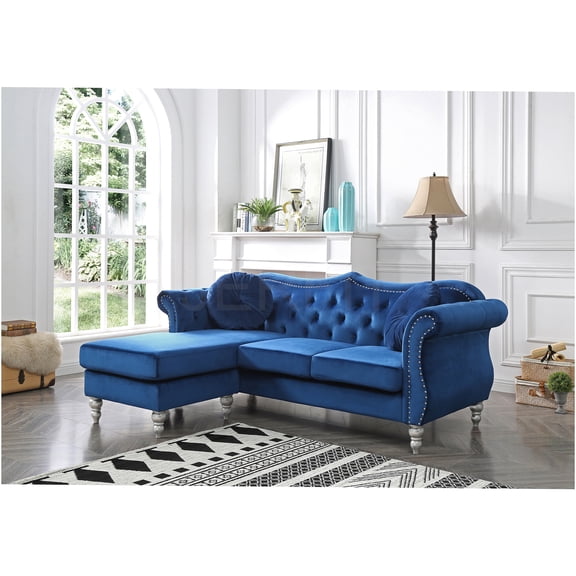 JERFIT 3-Seater Velvet Sofa with Chaise Lounge, Mid-Century Modern Tufted Loveseat Couch with Nailhead Trim for Living Room, Navy Blue