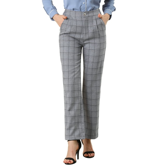 Pantalones largos rectos de cintura elástica con botones y cremallera de cuadros para mujer Inspire Chic en gris oscuro