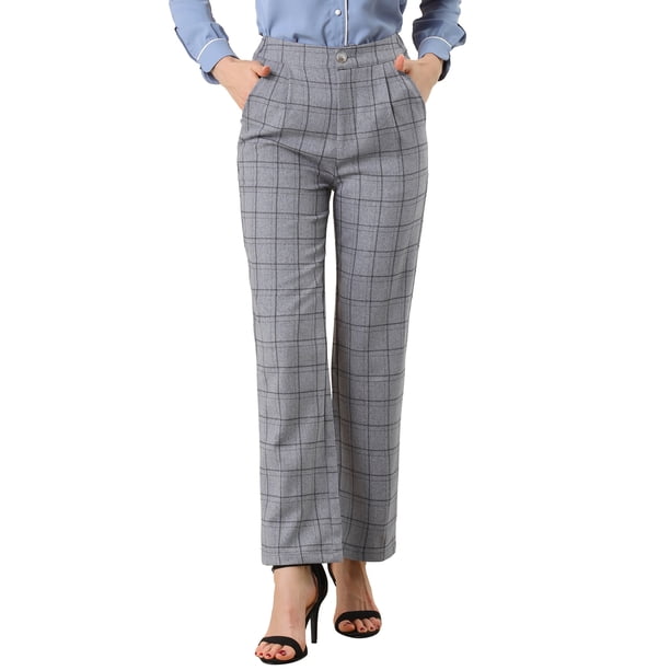 Pantalones largos rectos de cintura elástica con botones y cremallera de cuadros para mujer Inspire Chic en gris oscuro