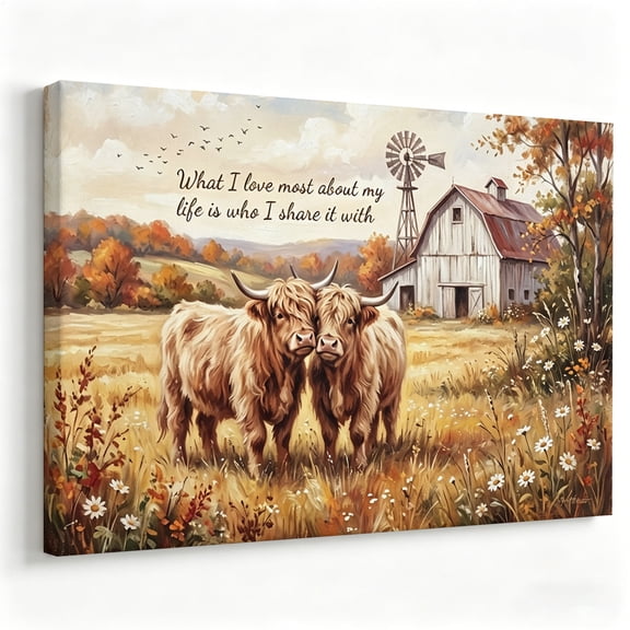 Highland Cow Canvas Wall Art, Inspirational Quote Autumn Farm Artwork with Barn for Farmhouse Living Room Bedroom Decor 8*12