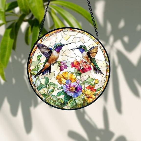 Hummingbirds & Flowers Stained Glass Suncatcher Colorful Window Hanging Art, Hummingbird Lover Home Decor Gift
