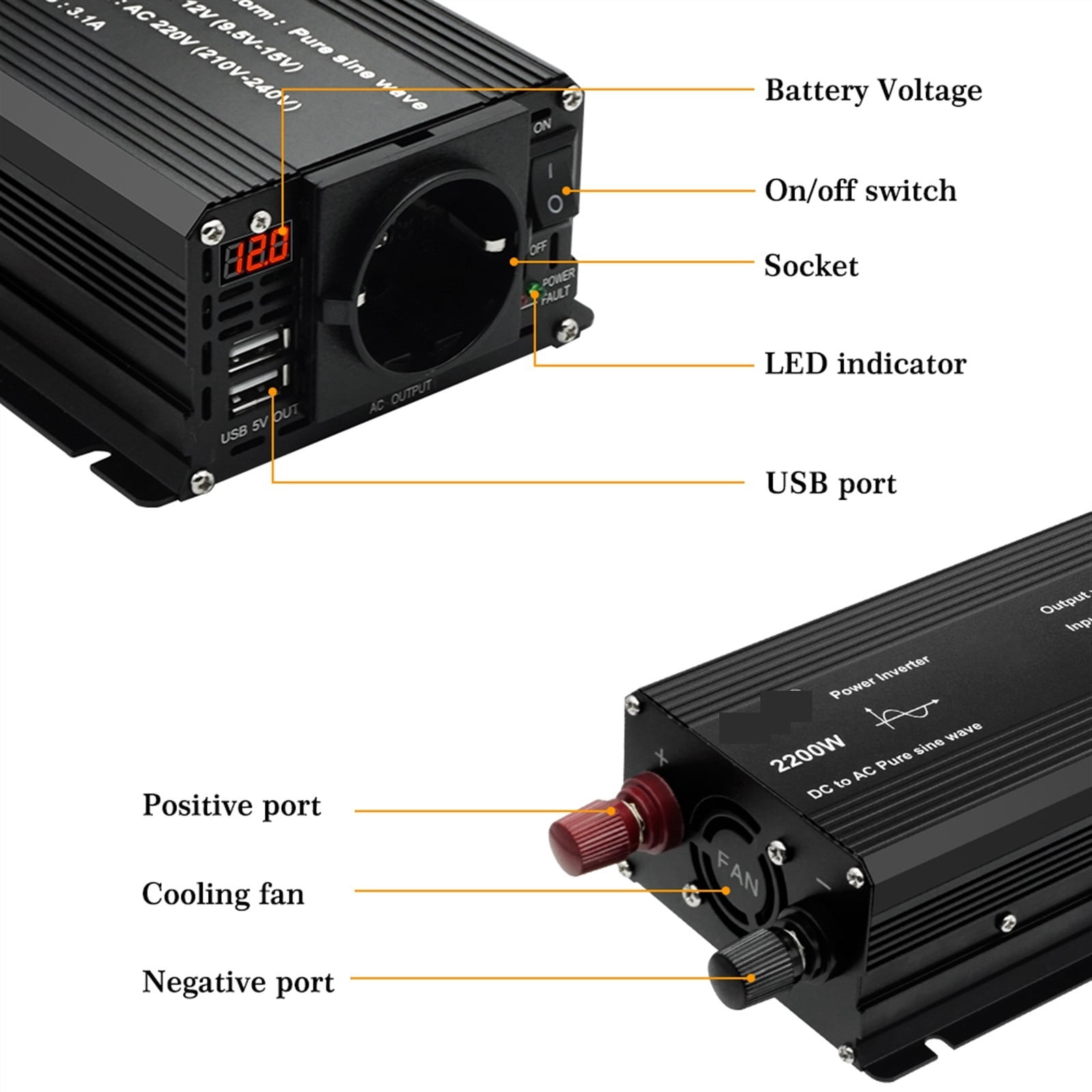 Pure Sine Wave Inverter 1500W/2200W/2600W Converter 12V To 220 230 12 Volts Solar Transformer Led Voltmeter Inversor ,Powerful Output