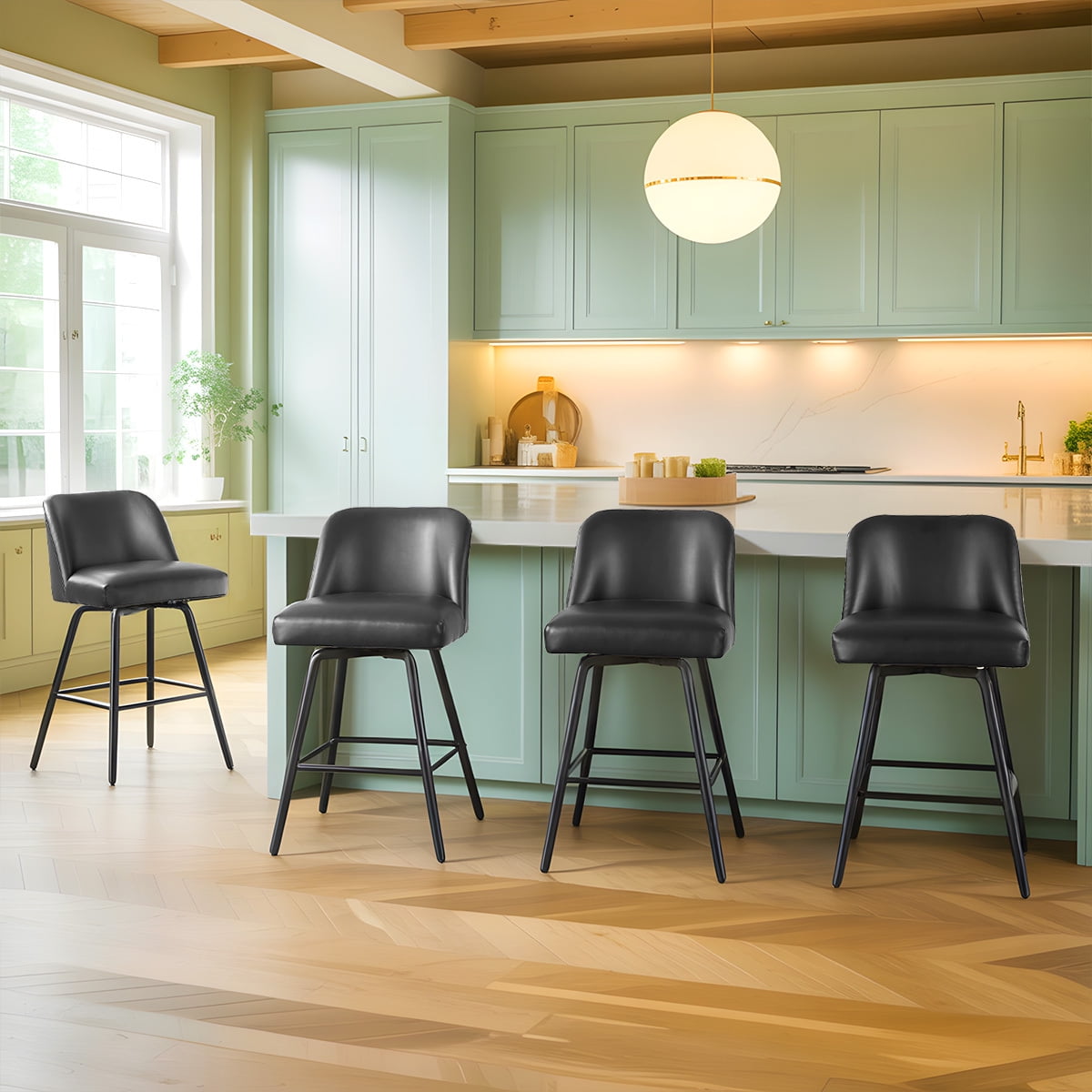 L'AGRATY Modern Bar Stools Set of 4, 26" High-Back Counter Stools, Faux Leather Upholstery, for Kitchen Island, Home Bar, Black