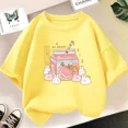 thumbnail image 3 of Camiseta de algodón con dibujos animados de batido de fresa para niñas, linda camiseta rosa con gráficos de manga corta para niños, ropa para bebés, 3 of 5