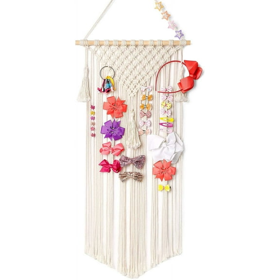 Macrame Hair Bow Holder Hanging Hair Clips Hanger Headband Storage Organizer Fringe Boho Wall Decor Tassels Bow Organizer for Baby Girls Room Ornament Gift,Ivory(Clips Not Included)