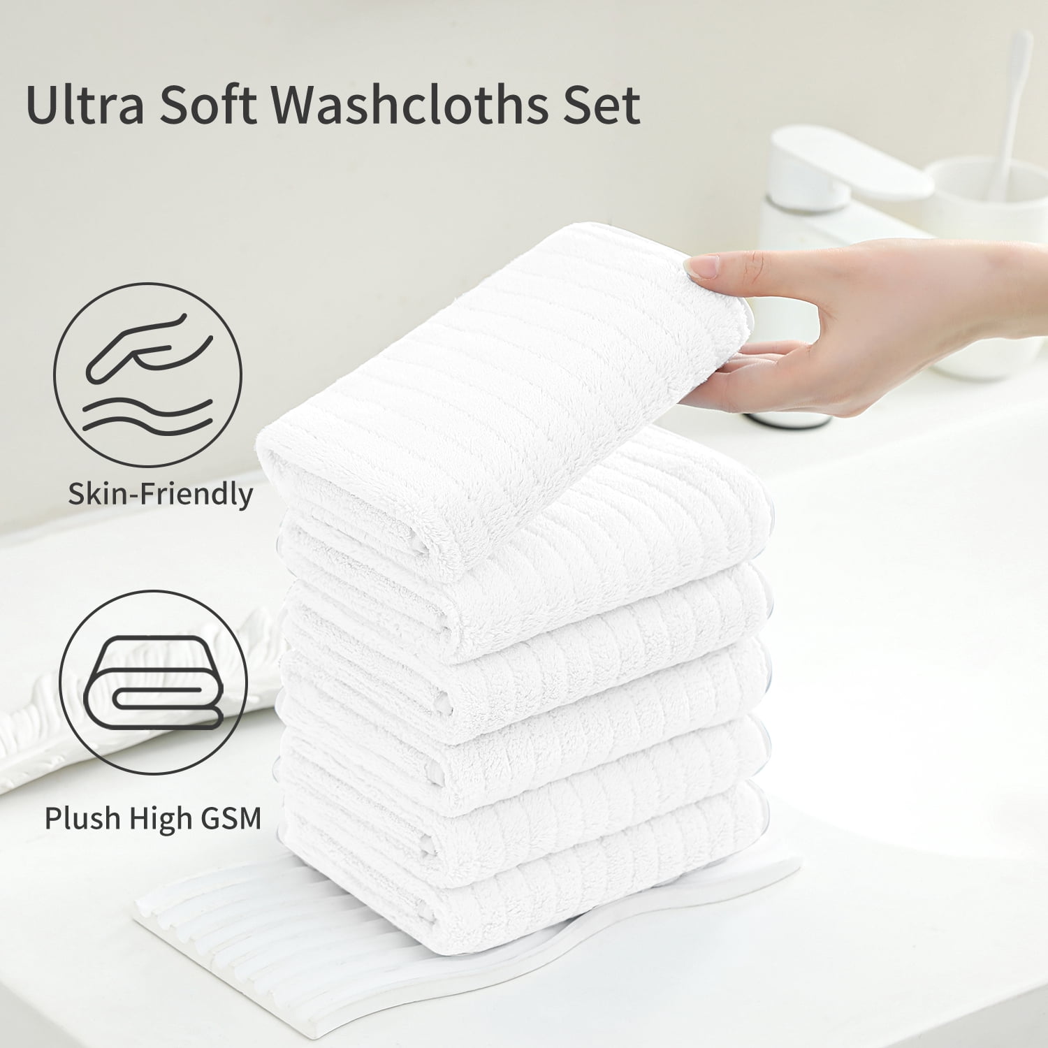 Jessy Home 24 Pack White Stripe Washcloths for Bathroom 13x13 Inch Ultra Soft Hand Face Towels
