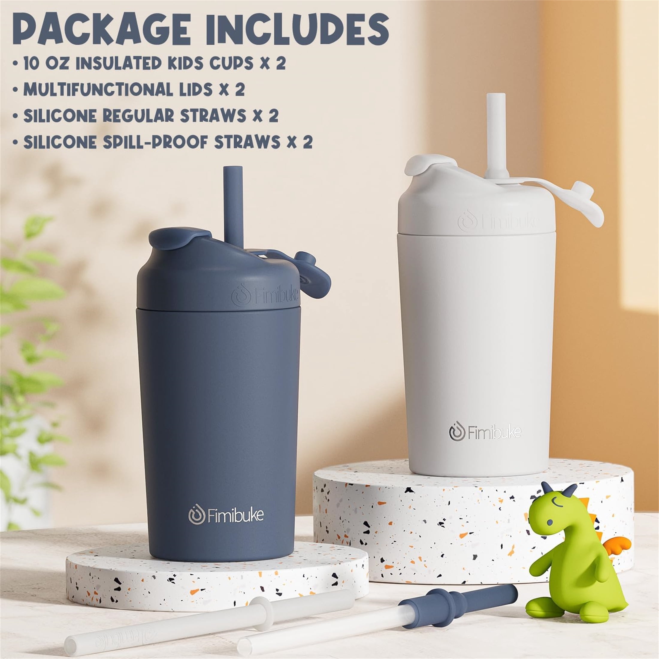 2-Pack 10 OZ Kids Spill Proof Cups with Straws and Lids, Kid Insulated Tumbler Stainless Steel Sippy Cup for Girl Boy, Grey & Slate Blue