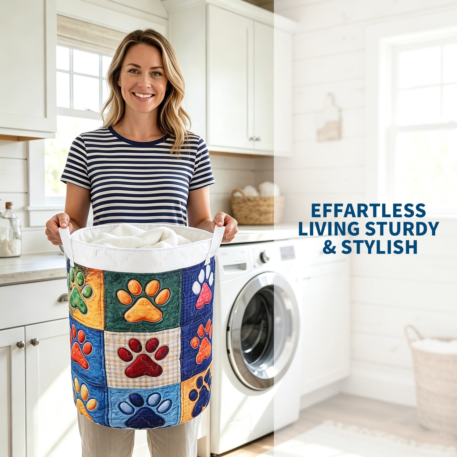 Yucurem Boho Fabric Floral Storage Hamper with Handle, Quilted Laundry Basket for Nursery Bedroom Laundry Room Clothes Toys (Big Dog Paw)