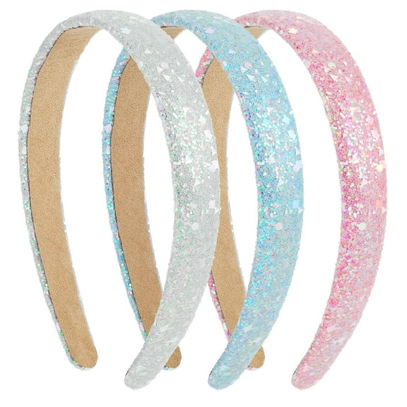 3 Pcs Glitter Headbands for Women, Non Slip Sequins Headband Wide Padded Hard Toddler Hair Hoop Cute Bling Hair Accessories for Birthday Party Favors Daily Use (Pink, Blue, White)
