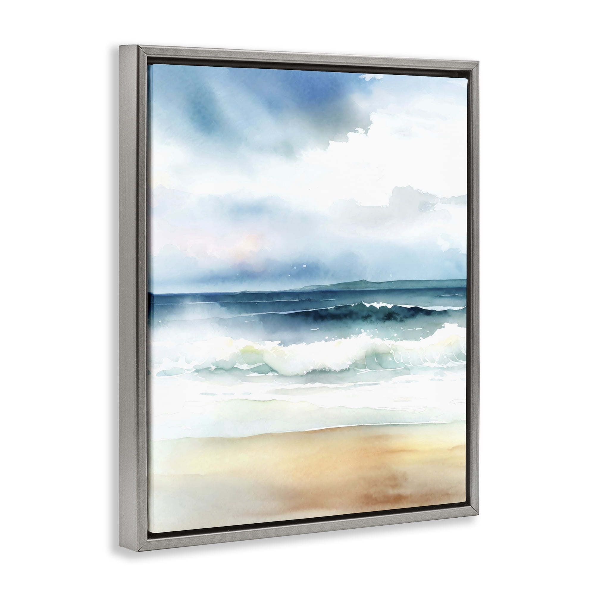 Stupell Industries Rolling Seaside Waves Coastal Painting Gray Floater Framed Canvas Art Print Wall Art, 17 x 21