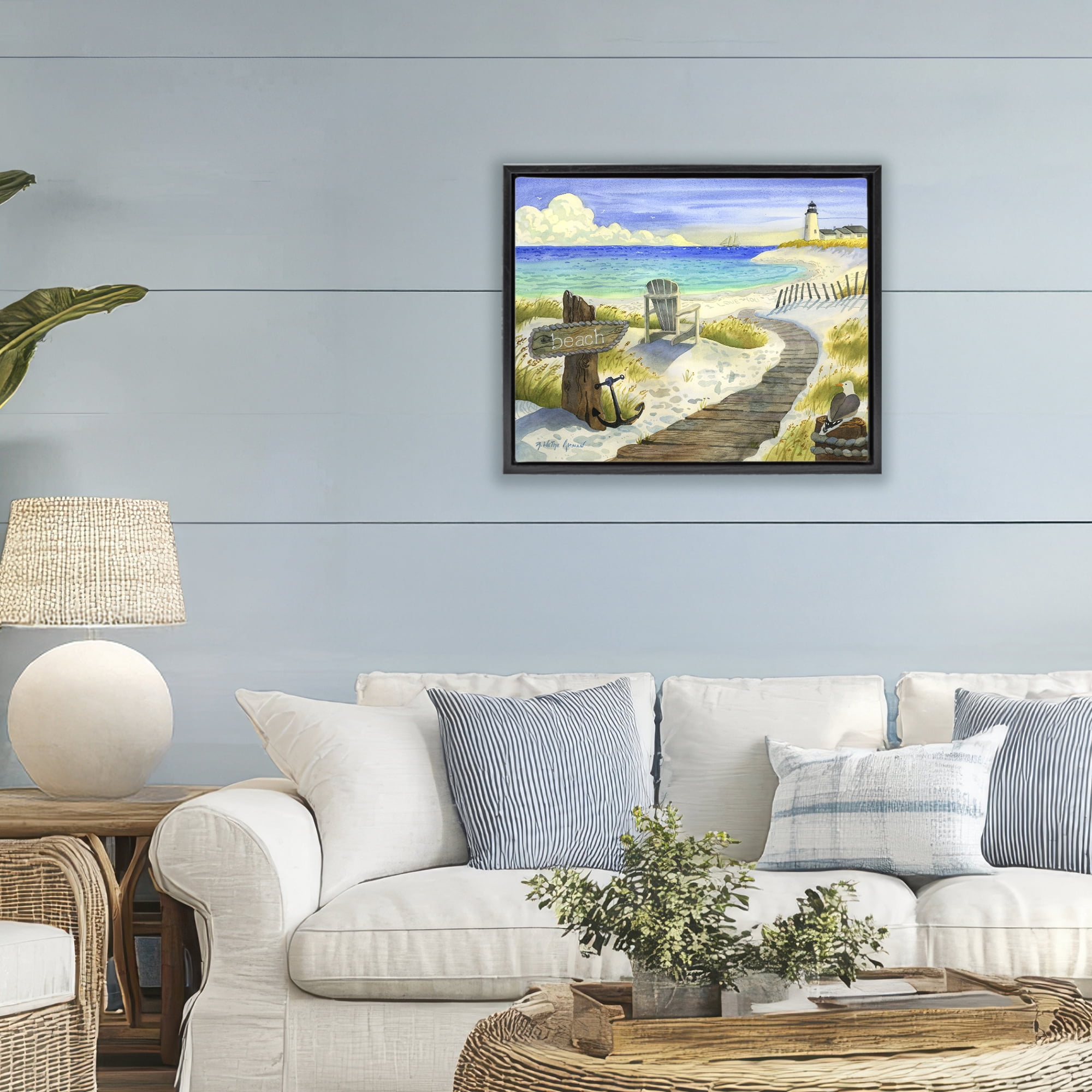 Stupell Industries Boardwalk To The Lighthouse Black Framed Floater Canvas Wall Art, design by Robin Altman