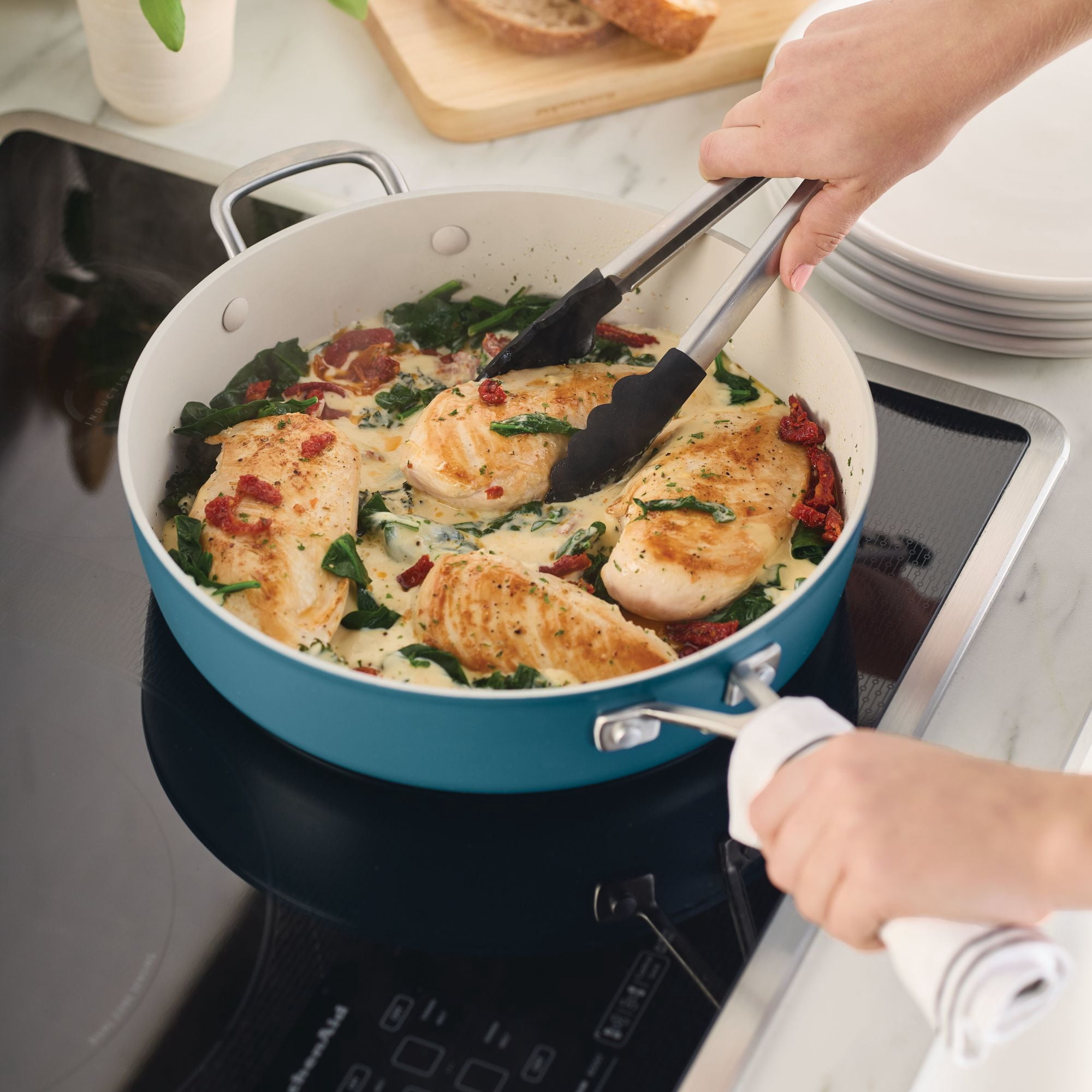 KitchenAid Hard-Anodized 5 Quart Ceramic Induction Saute Pan with Lid and Helper Handle, Dishwasher Safe and Oven Safe to 500°F, Agave Blue