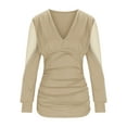 thumbnail image 4 of WREESH Womens Fashion Dressy Tops V-Neck Solid Color Business Casual Tops Winter Lace Splicing Long Sleeve Waisted Shirt Casual T-Shirt Tops Blouse Pullover Beige, 4 of 6